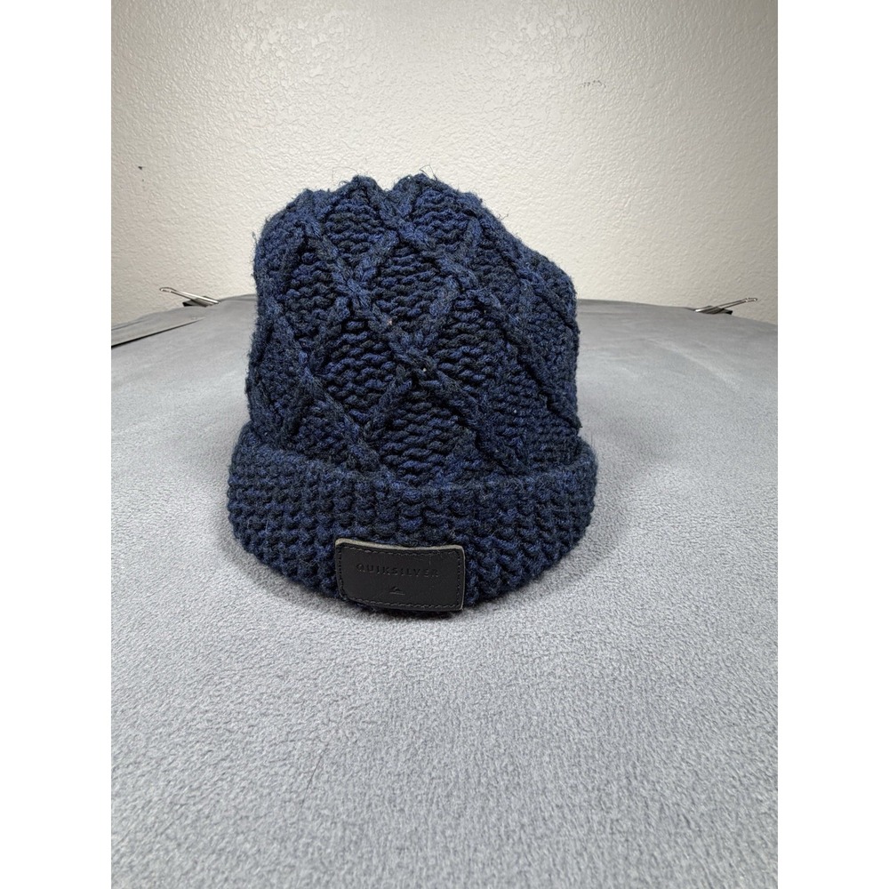 Quiksilver Beanie Hat Mens Adult Blue Black Cable Knit Winter Skull Cap